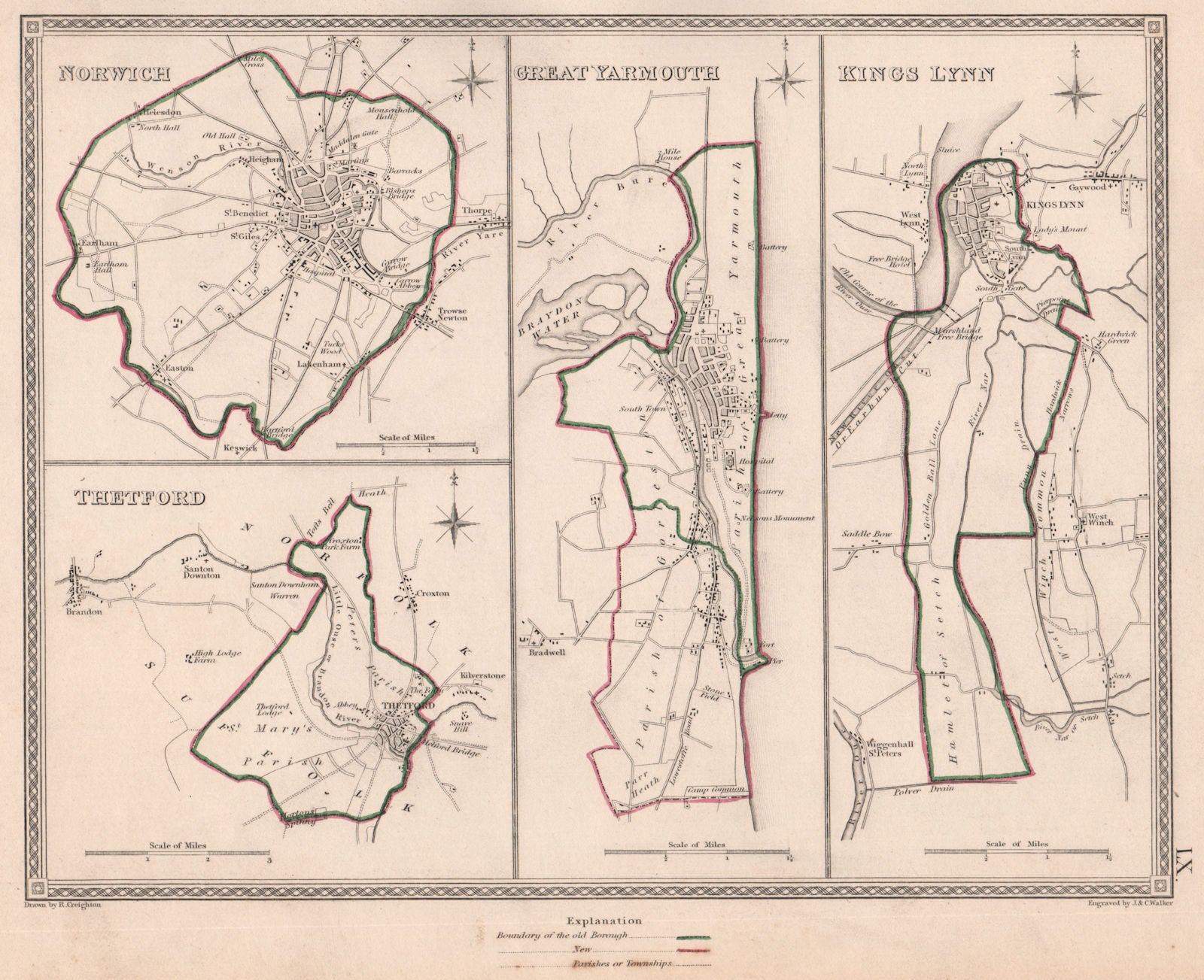 NORFOLK TOWNS. Norwich Thetford Great Yarmouth Kings Lynn.CREIGHTON 1835 map